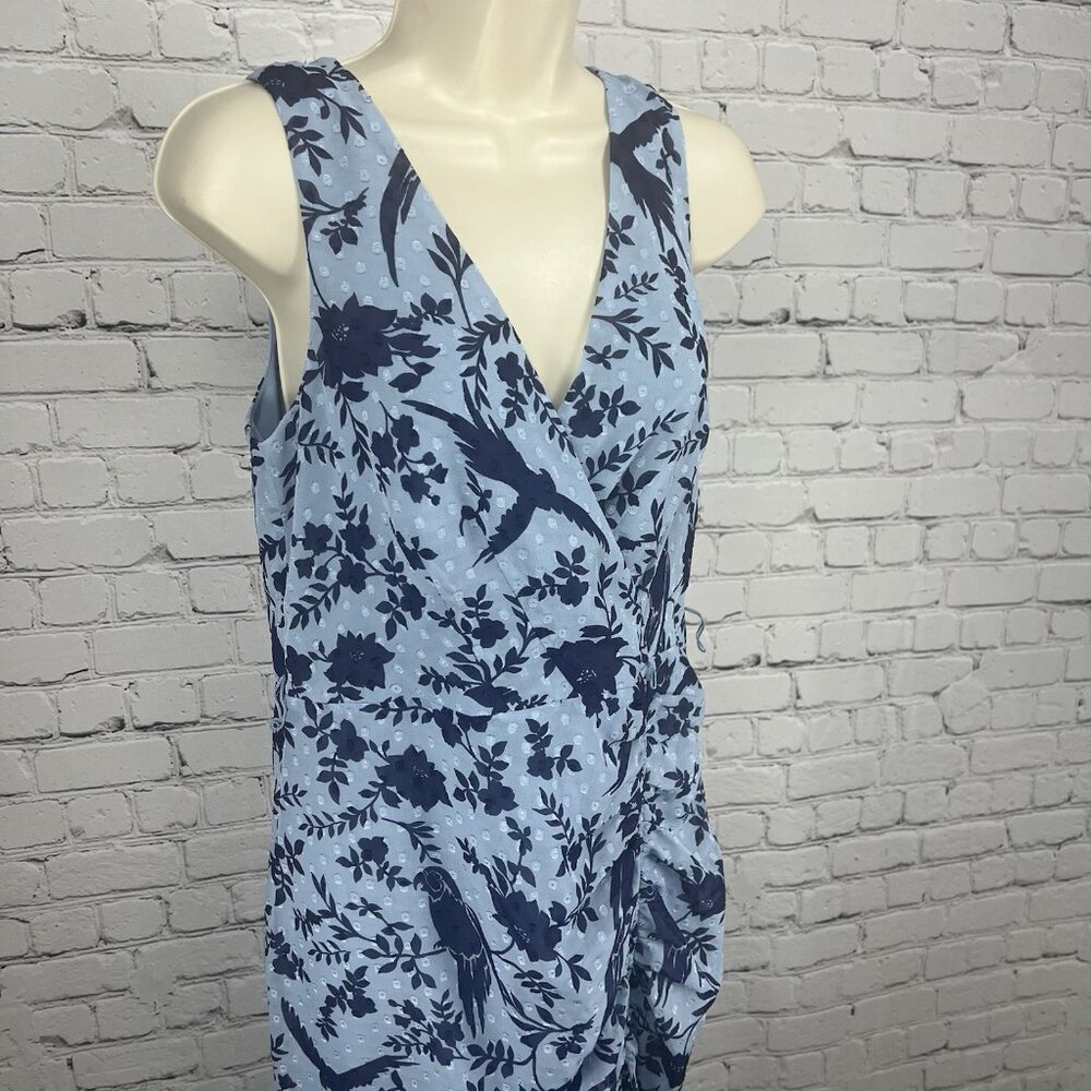 Eliza J Blue Macaw Bird Floral Sleeveless Textured Ruching Midi Trumpet Dress 8 - Picture 13 of 13